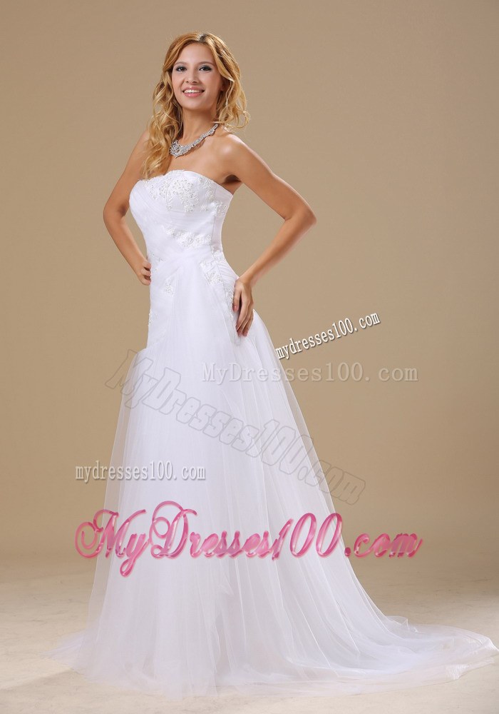 Appliques with Beading for Strapless Wedding Dresses Brush Train