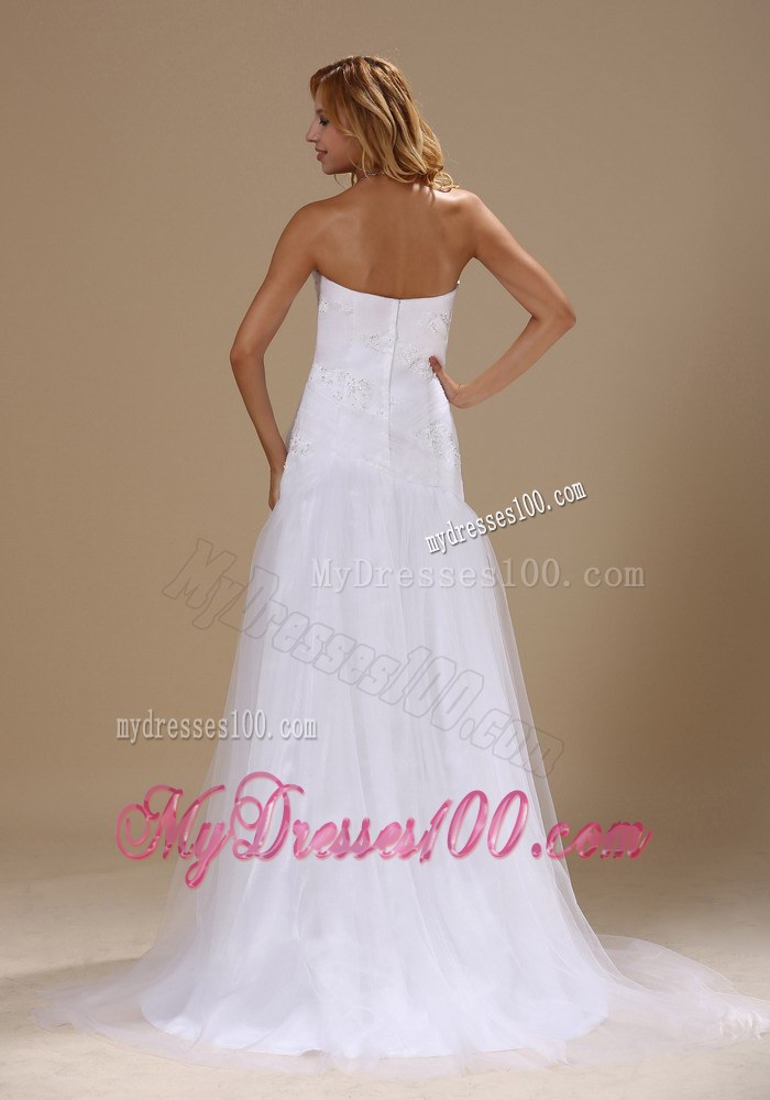 Appliques with Beading for Strapless Wedding Dresses Brush Train