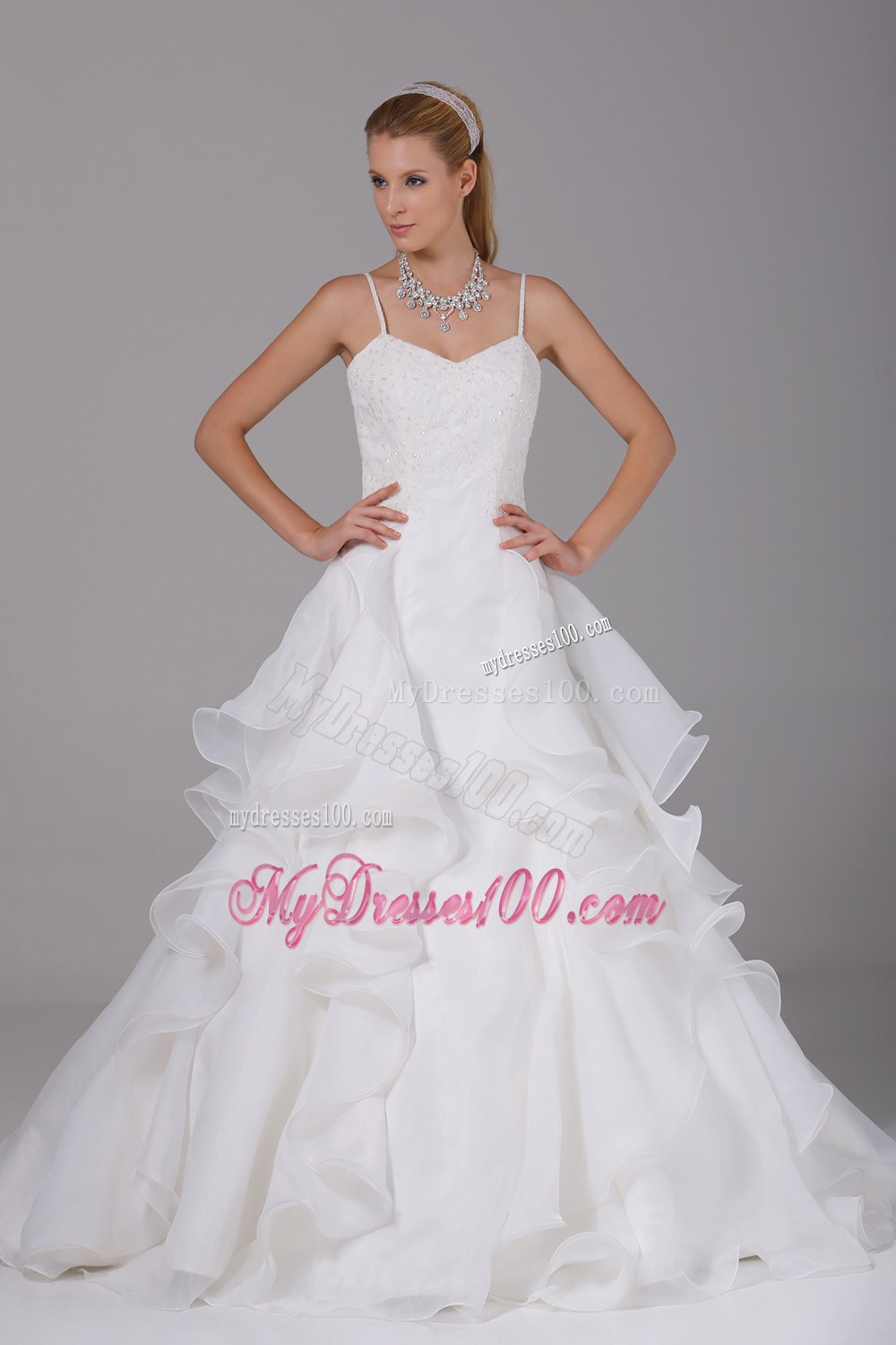 Appliques With Beading Ruffles Spaghetti Straps Wedding Dress