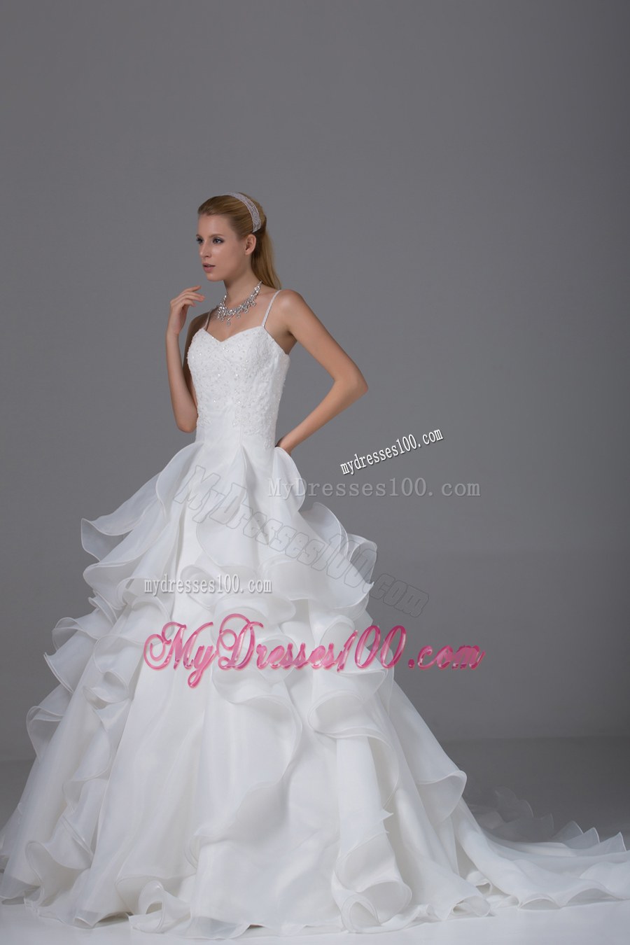 Appliques With Beading Ruffles Spaghetti Straps Wedding Dress