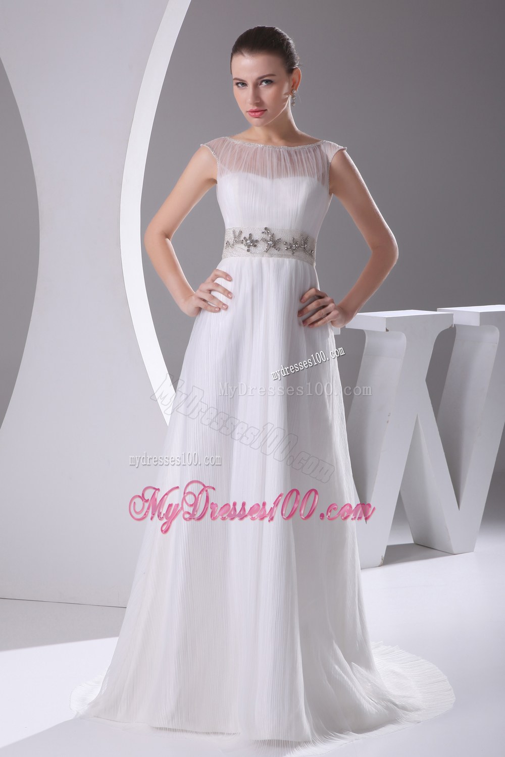 Bateau A-line Beading Brush Train Wedding Dress