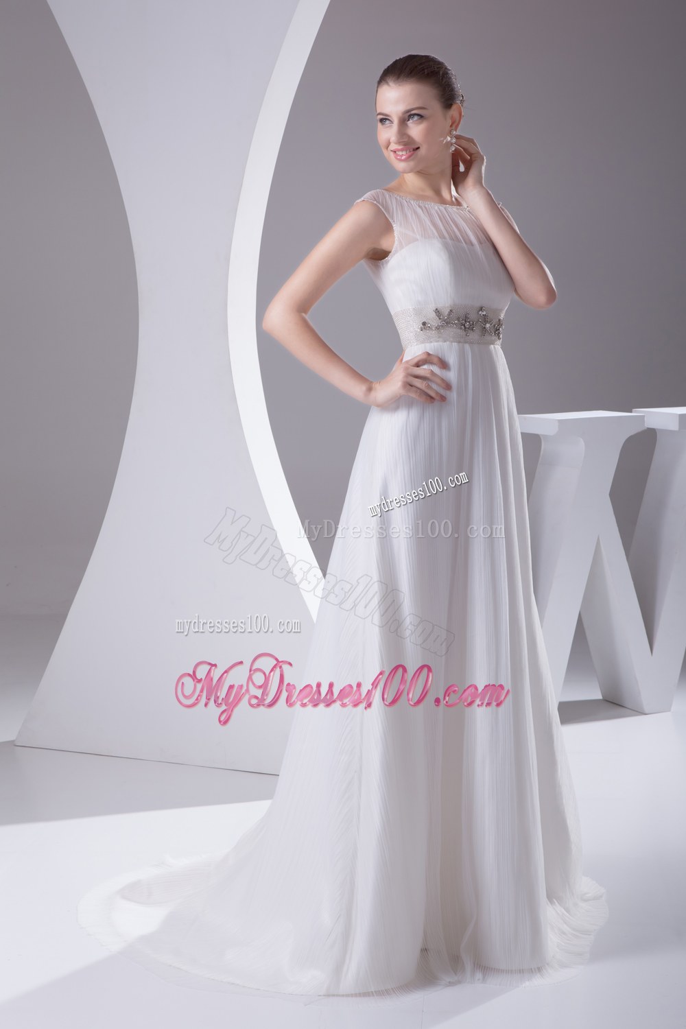 Bateau A-line Beading Brush Train Wedding Dress