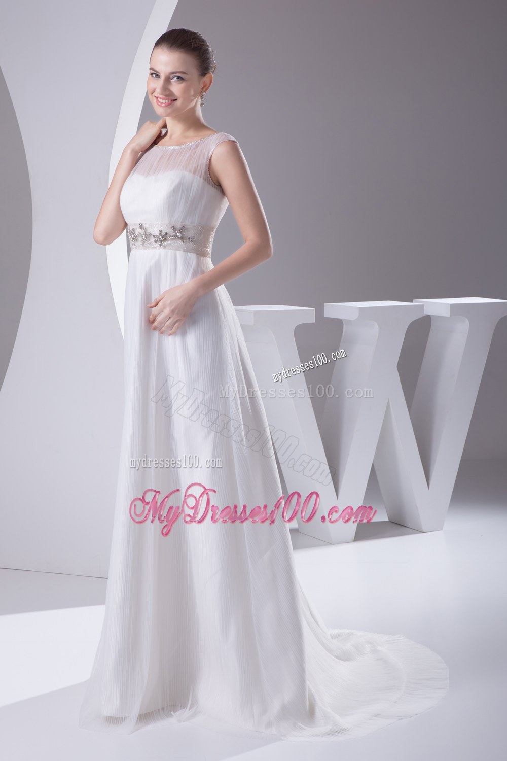 Bateau A-line Beading Brush Train Wedding Dress