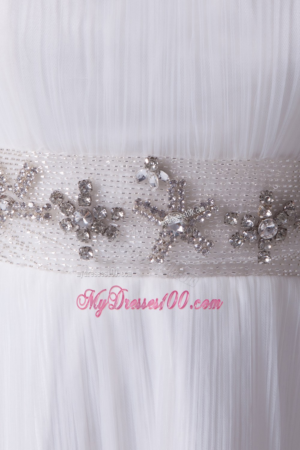 Bateau A-line Beading Brush Train Wedding Dress