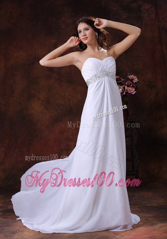 Beaded Decotare Waist White Sweetheart Wedding Dress With Brush 