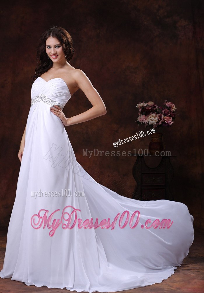 Beaded Decotare Waist White Sweetheart Wedding Dress With Brush 