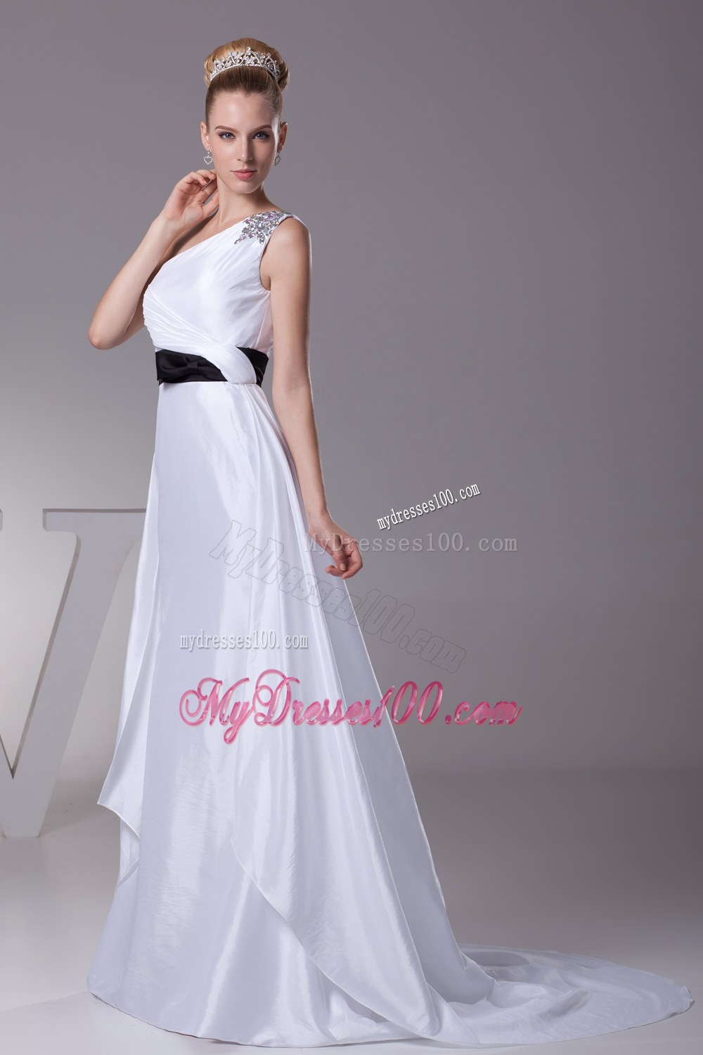 Beading A-Line Brush Train One Shoulder Wedding Dress