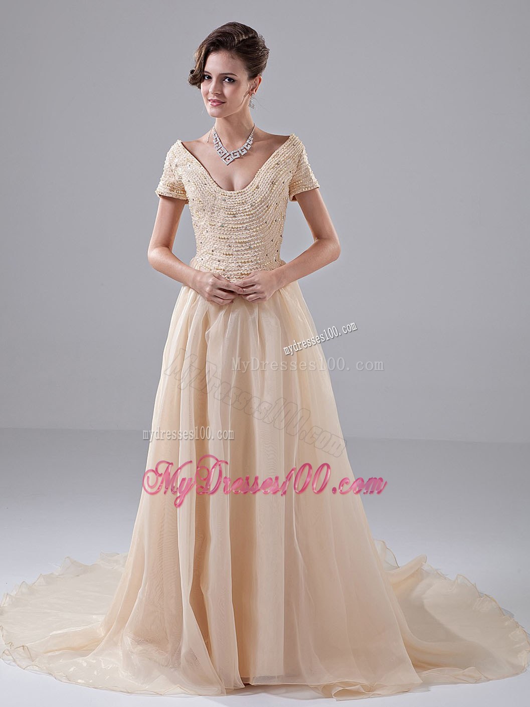 Beaded V-neck Court Train Champagne Wedding Dress for Church