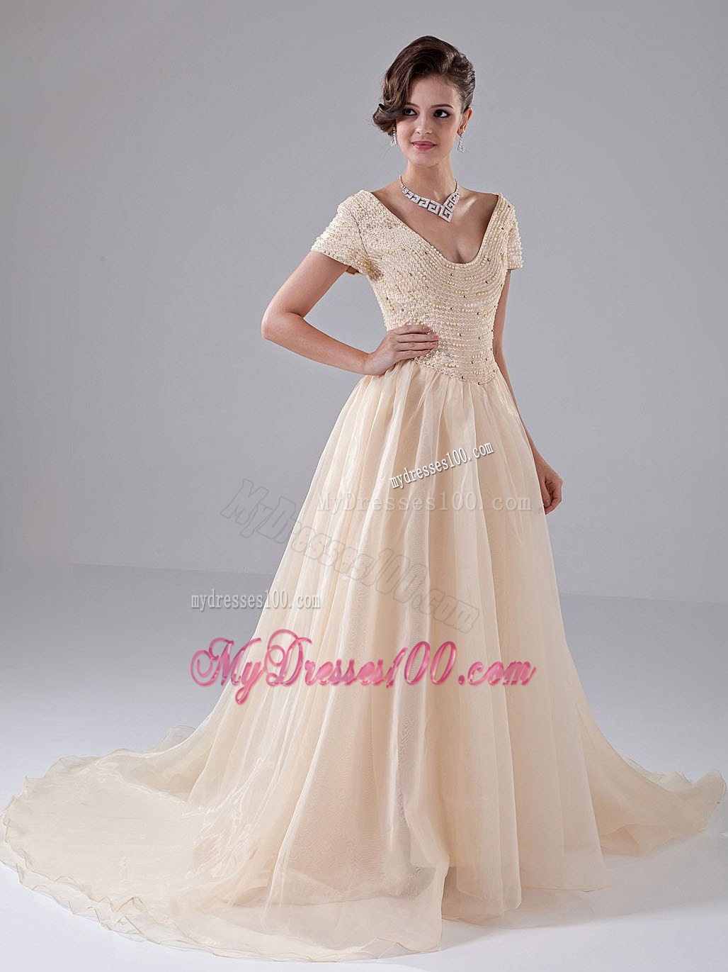 Beaded V-neck Court Train Champagne Wedding Dress for Church