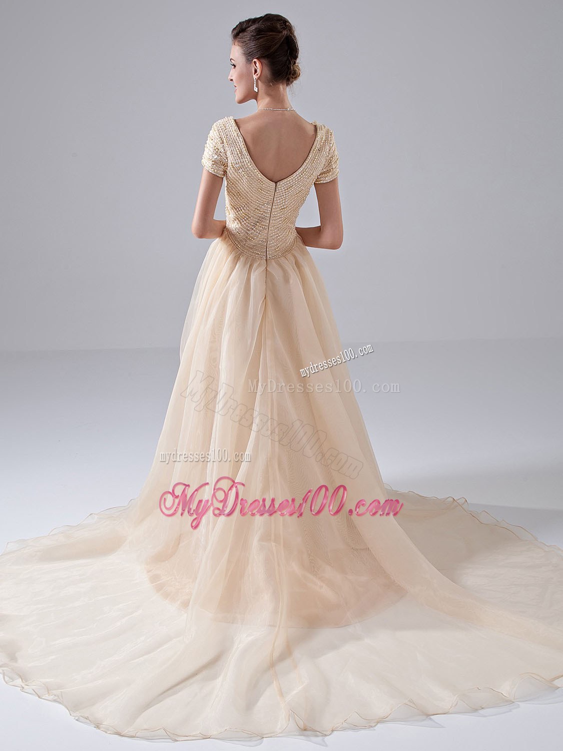 Beaded V-neck Court Train Champagne Wedding Dress for Church