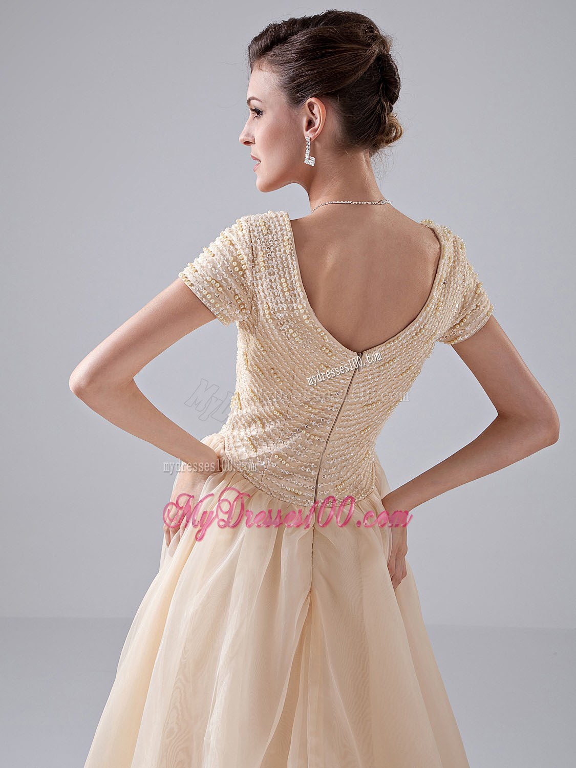 Beaded V-neck Court Train Champagne Wedding Dress for Church