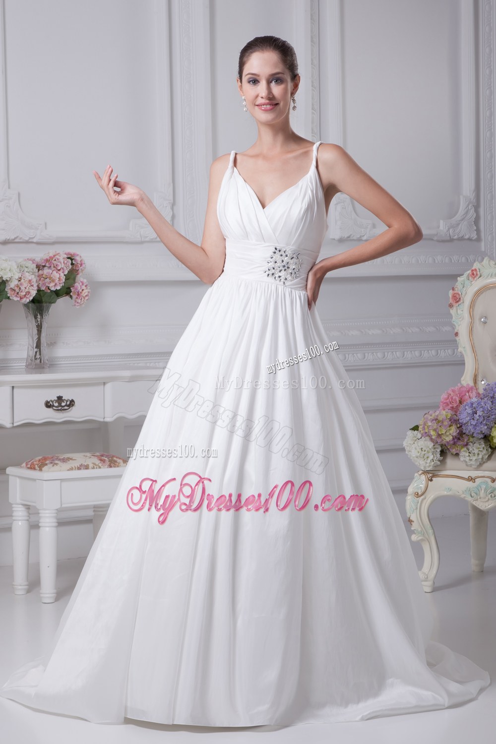 Beading Brush Train A-Line Straps Wedding Dress