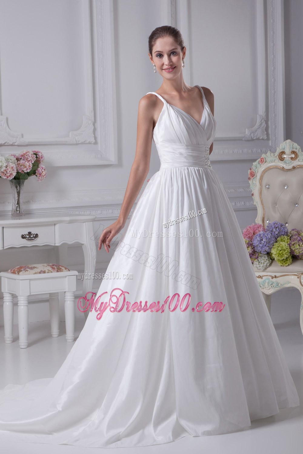 Beading Brush Train A-Line Straps Wedding Dress