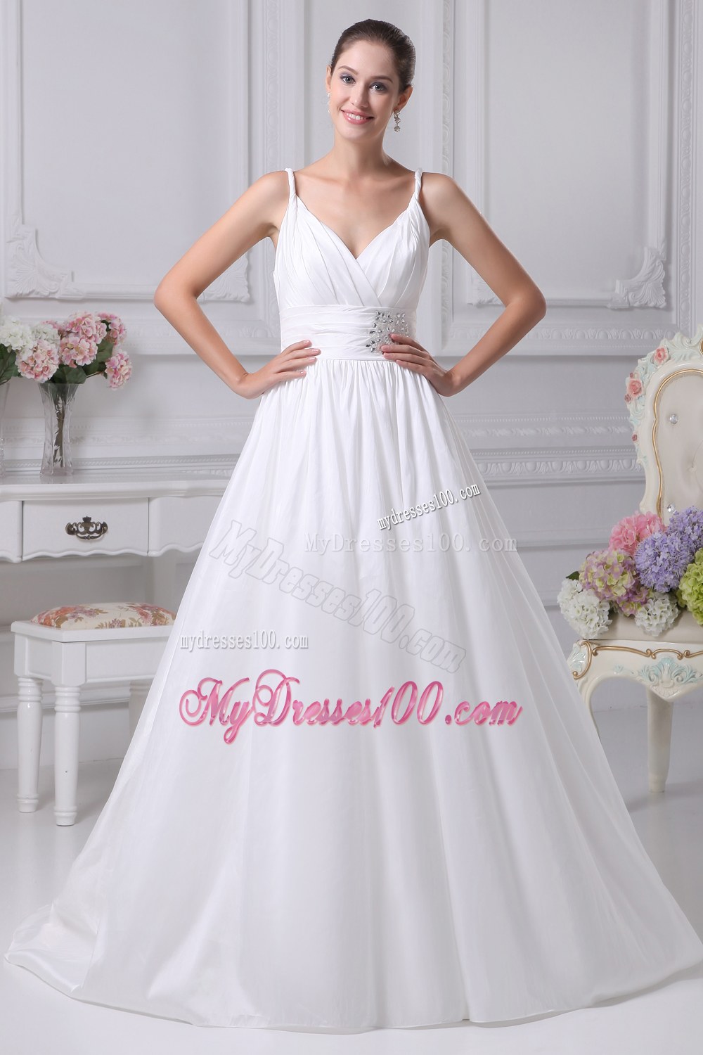 Beading Brush Train A-Line Straps Wedding Dress