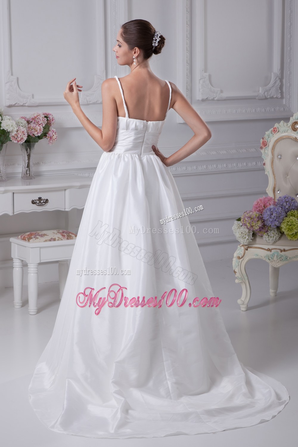Beading Brush Train A-Line Straps Wedding Dress