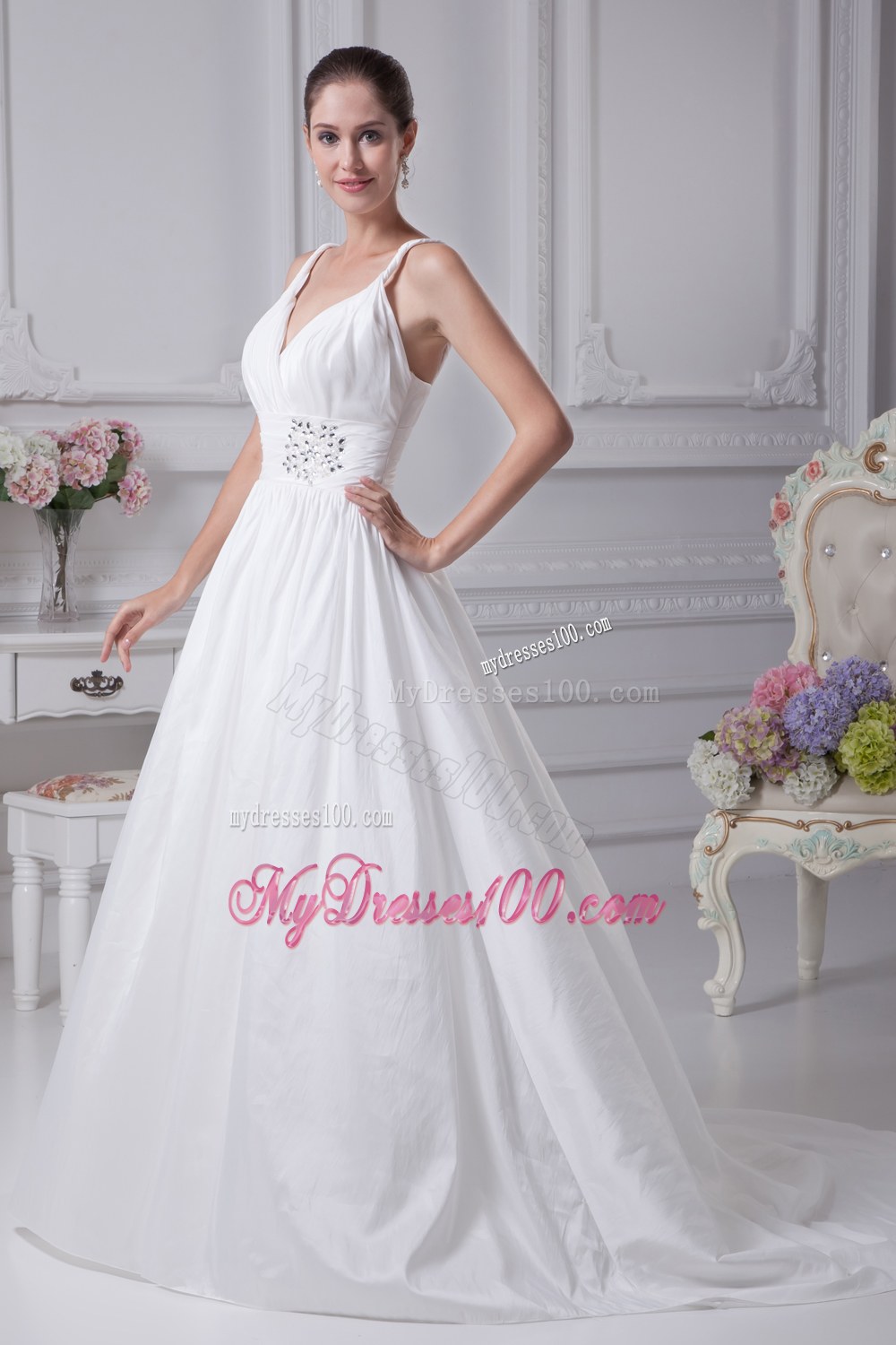 Beading Brush Train A-Line Straps Wedding Dress