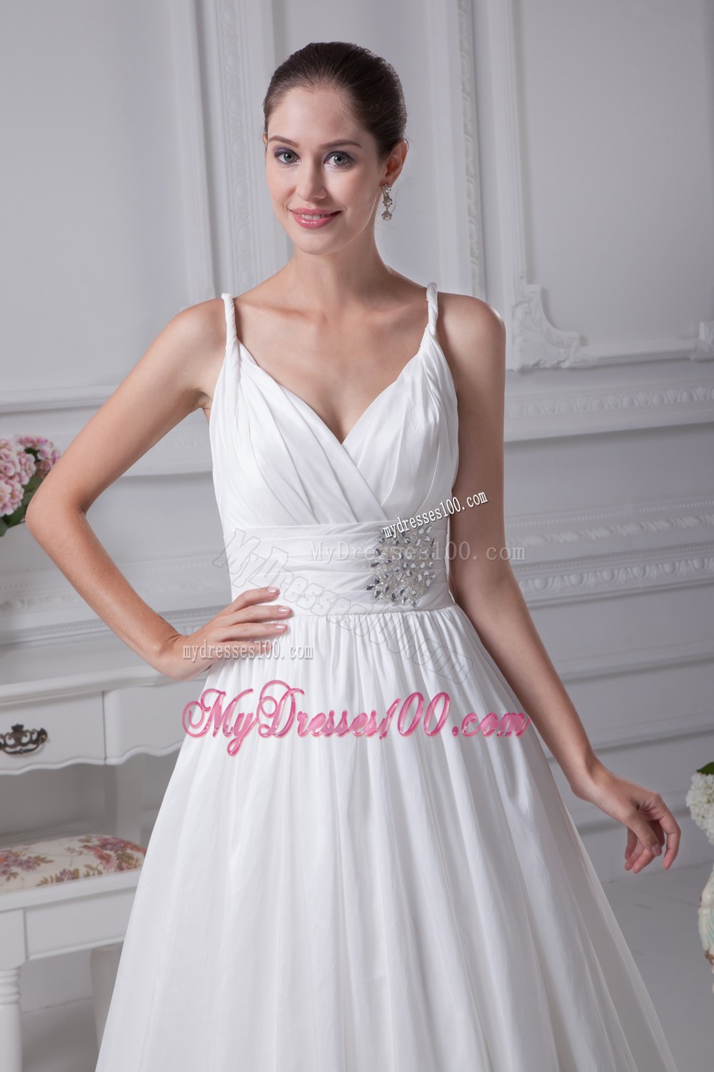 Beading Brush Train A-Line Straps Wedding Dress
