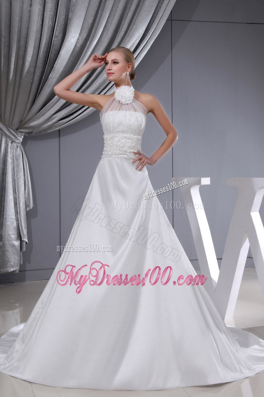 Beading Hand Made Flower Halter Chapel Train Wedding Dress