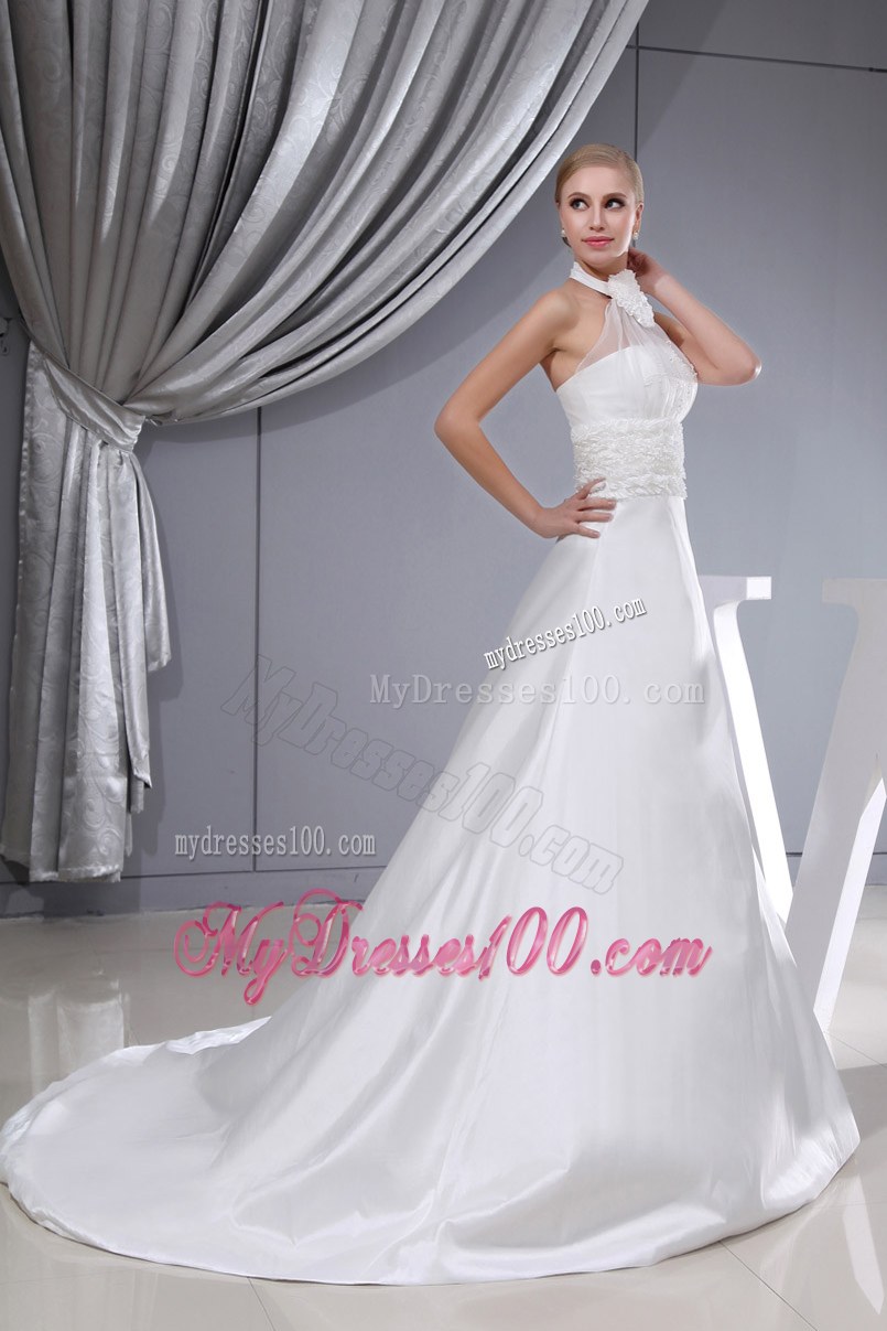 Beading Hand Made Flower Halter Chapel Train Wedding Dress