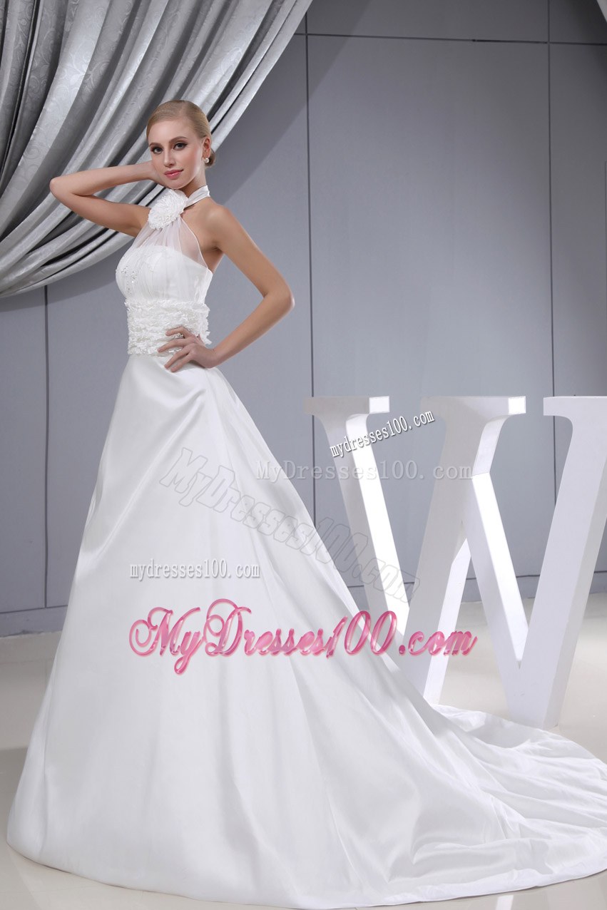 Beading Hand Made Flower Halter Chapel Train Wedding Dress
