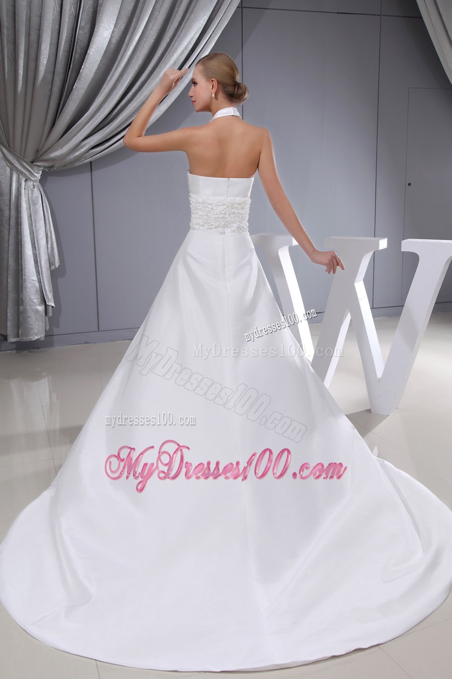 Beading Hand Made Flower Halter Chapel Train Wedding Dress