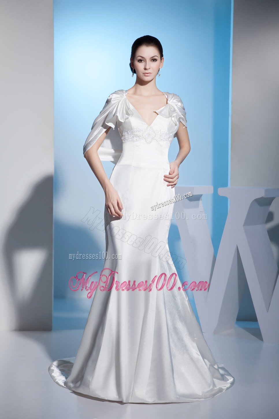 Beading Mermaid V-neck Brush Train Wedding Dress with Zipper up