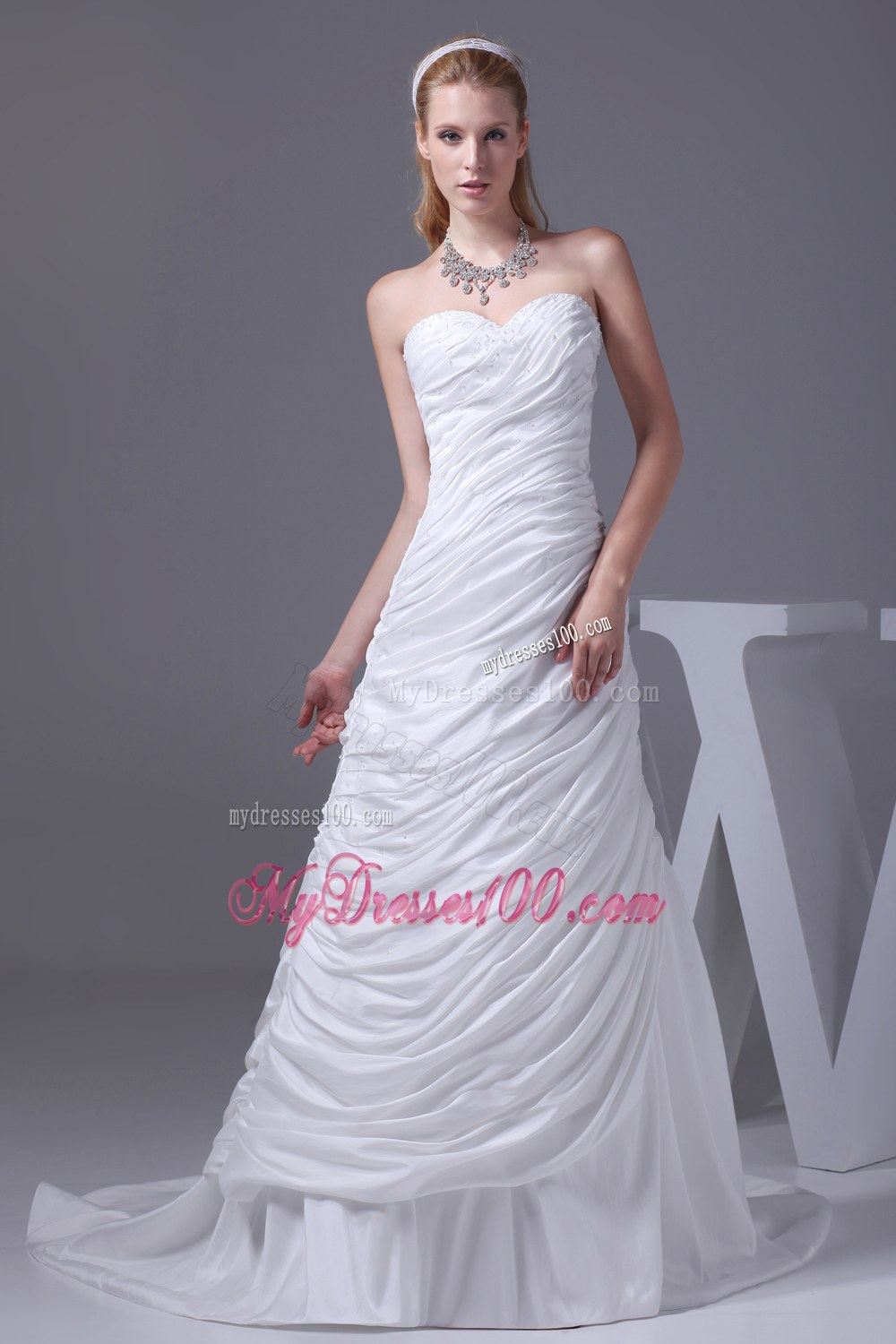 Beading Ruching Sweetheart Brush Train Wedding Dress
