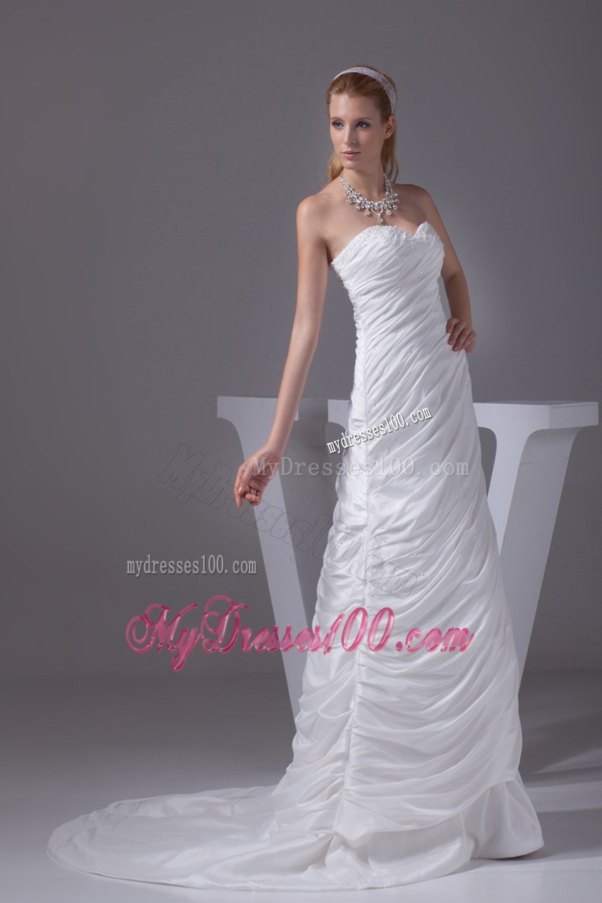 Beading Ruching Sweetheart Brush Train Wedding Dress