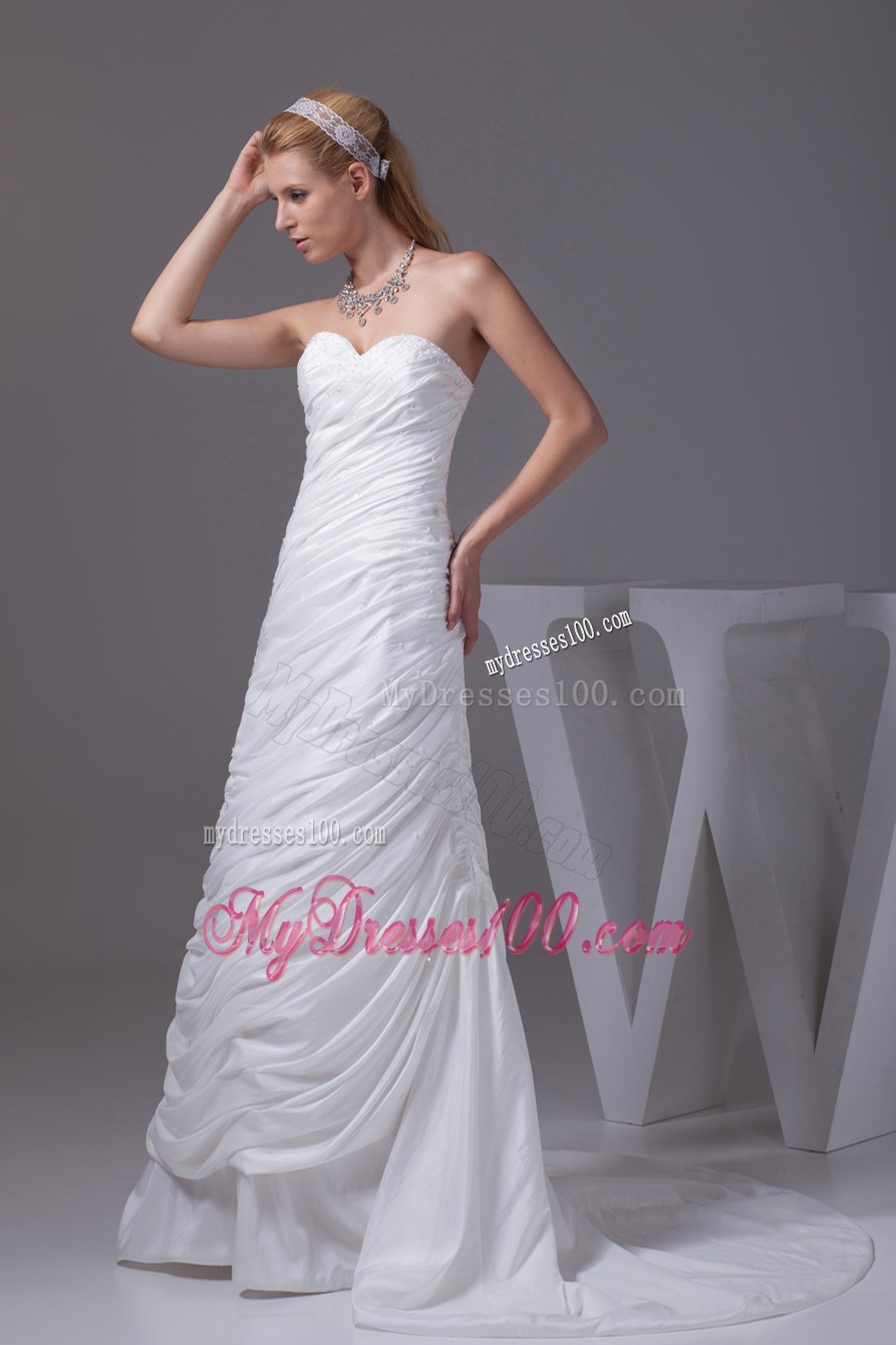 Beading Ruching Sweetheart Brush Train Wedding Dress
