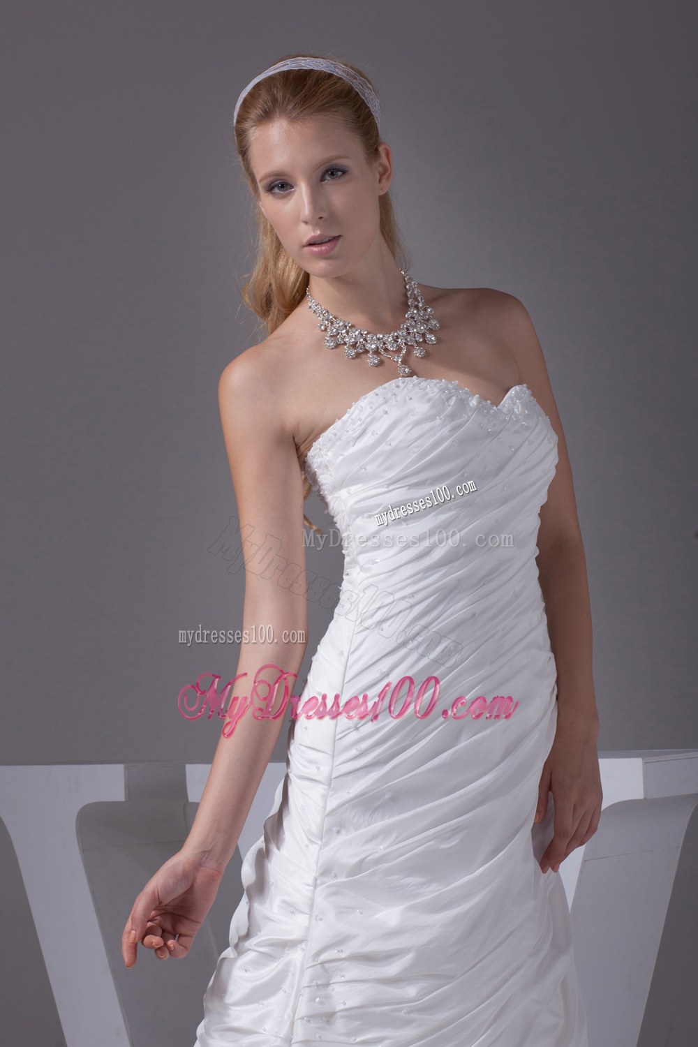 Beading Ruching Sweetheart Brush Train Wedding Dress