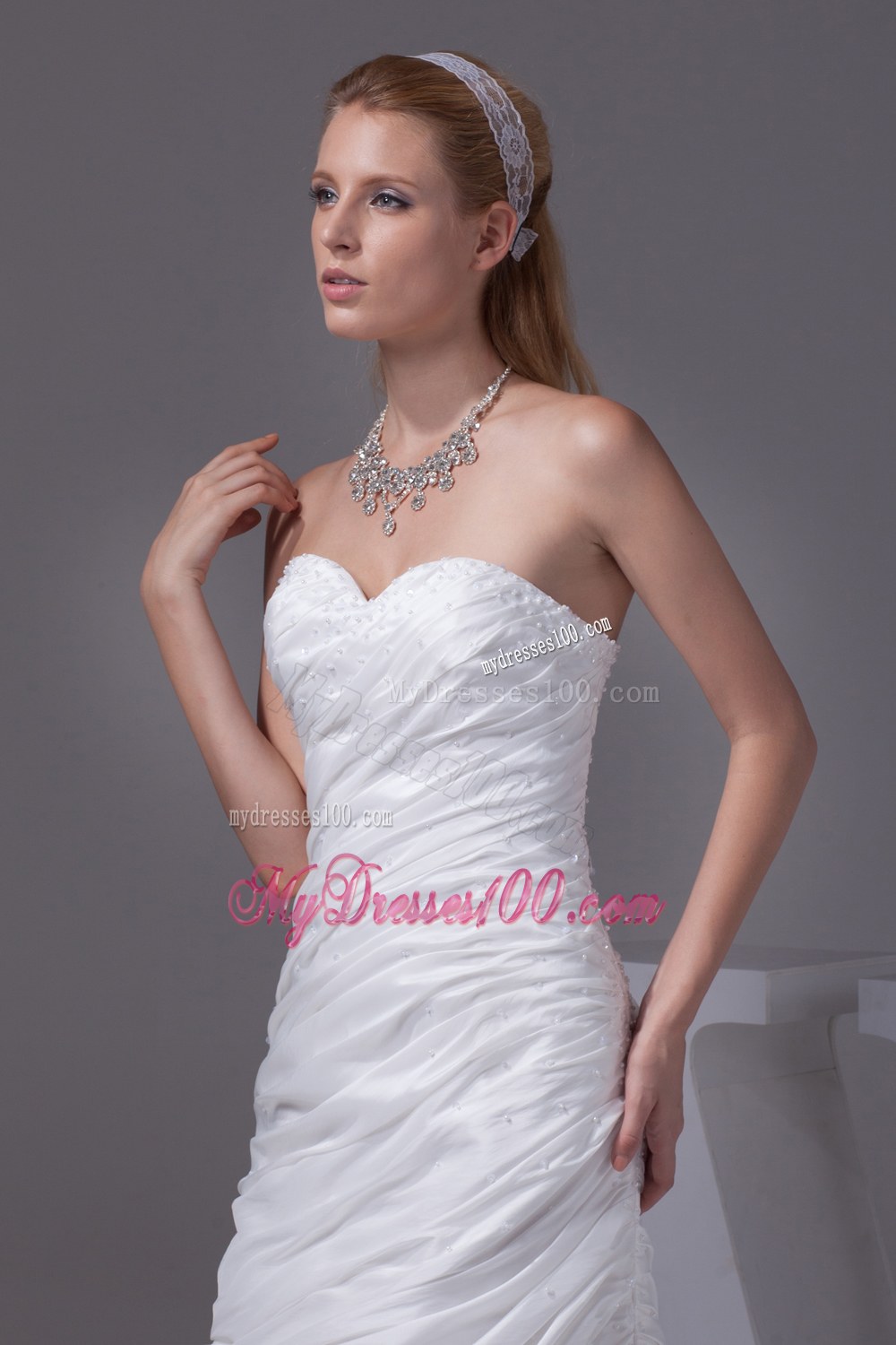 Beading Ruching Sweetheart Brush Train Wedding Dress