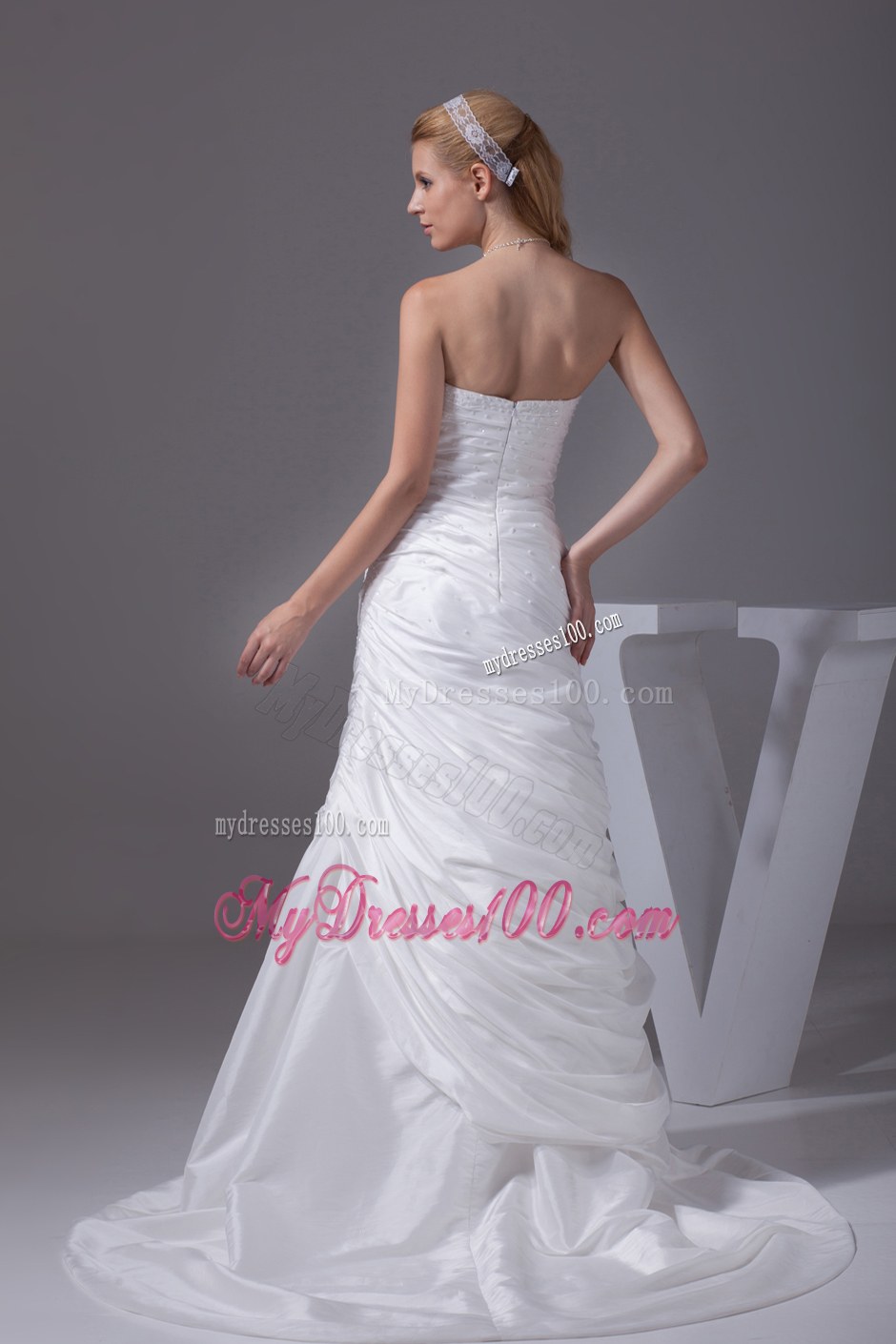 Beading Ruching Sweetheart Brush Train Wedding Dress