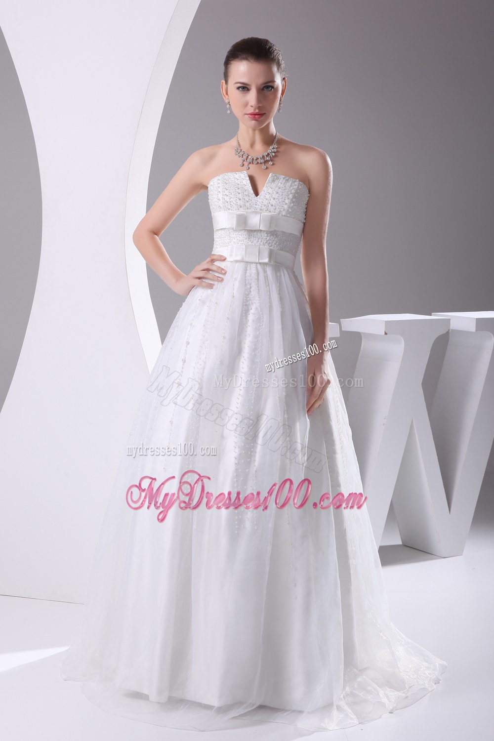 Beading and Belt Column Strapless long Wedding Dress