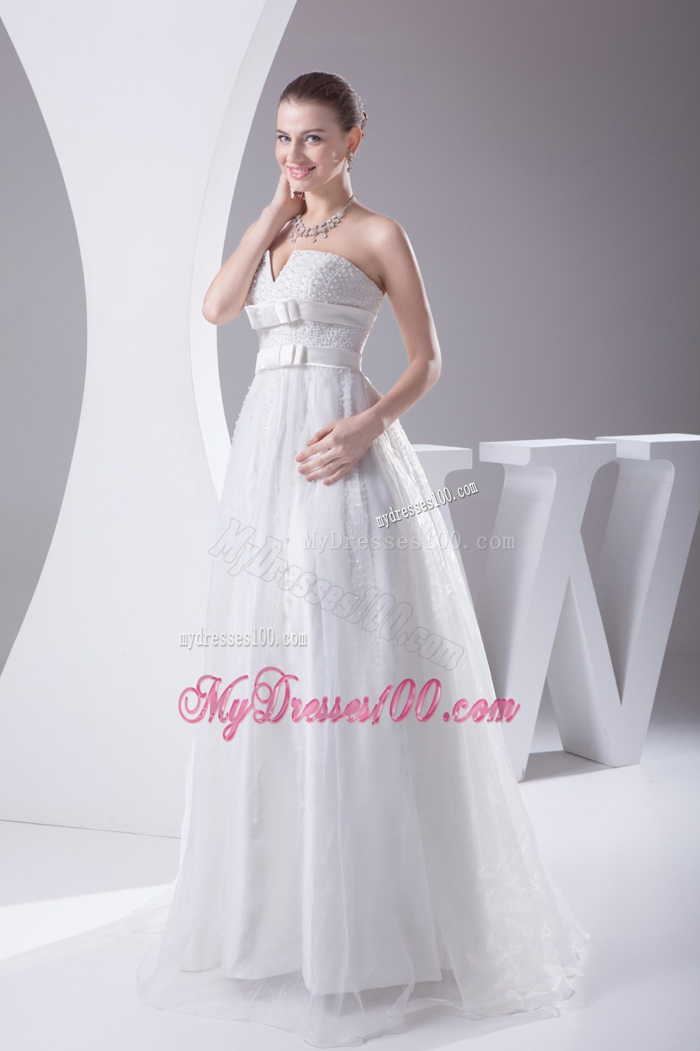 Beading and Belt Column Strapless long Wedding Dress