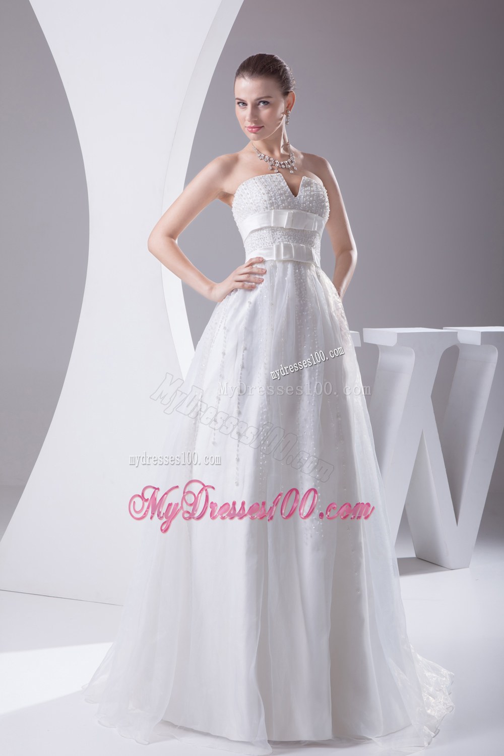Beading and Belt Column Strapless long Wedding Dress