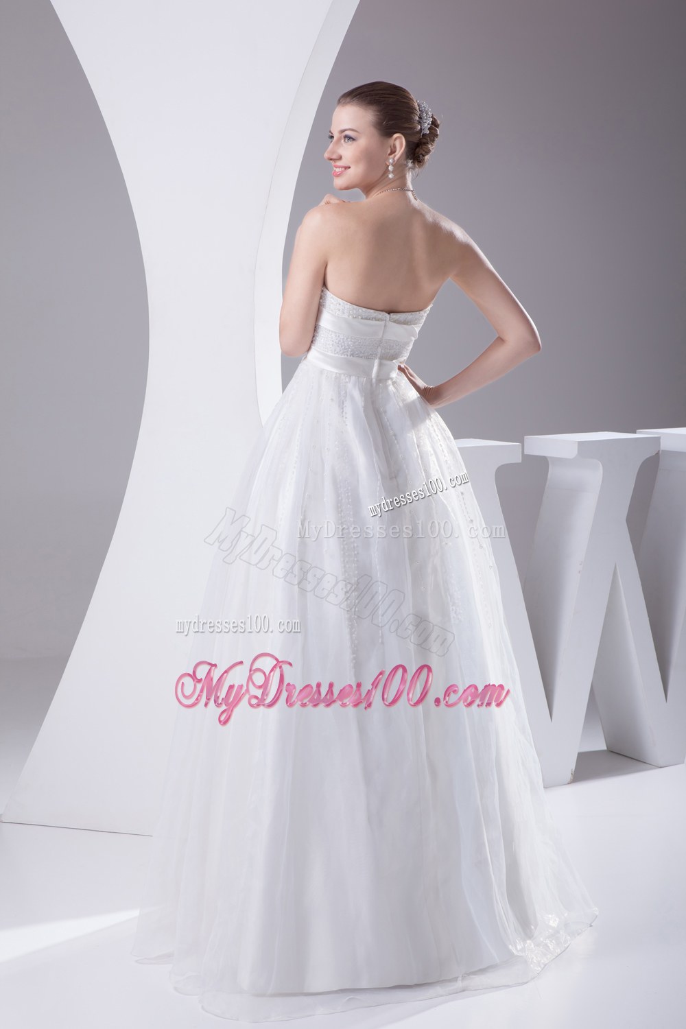 Beading and Belt Column Strapless long Wedding Dress