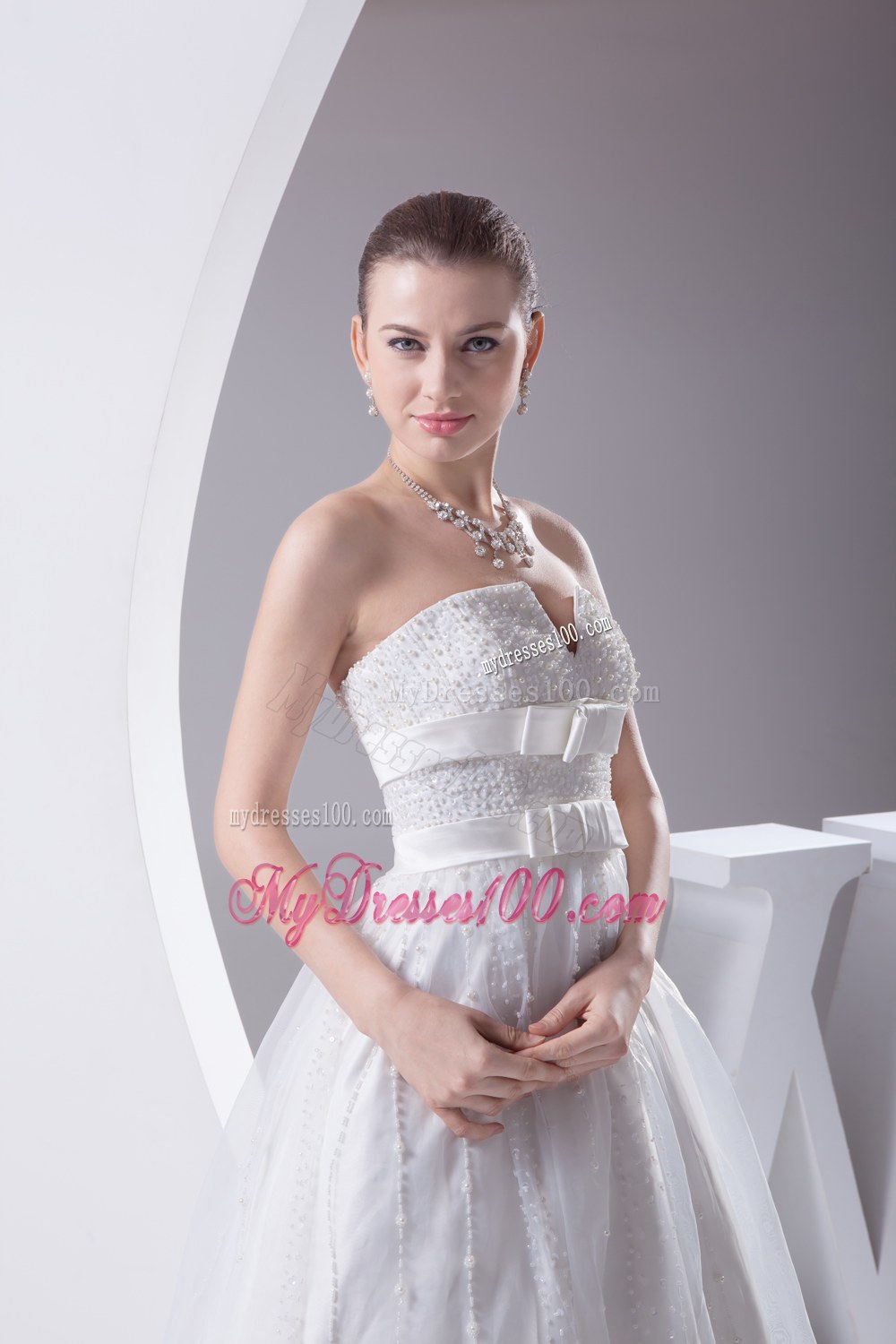 Beading and Belt Column Strapless long Wedding Dress