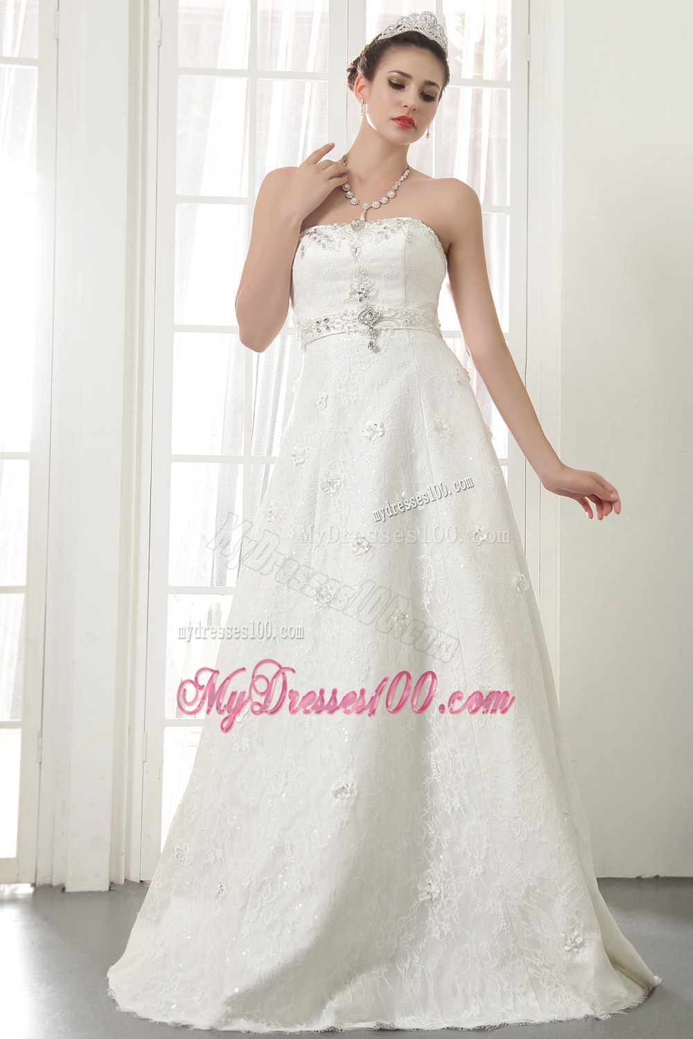 Beautiful Princess Strapless Lace Beaded Wedding Gowns