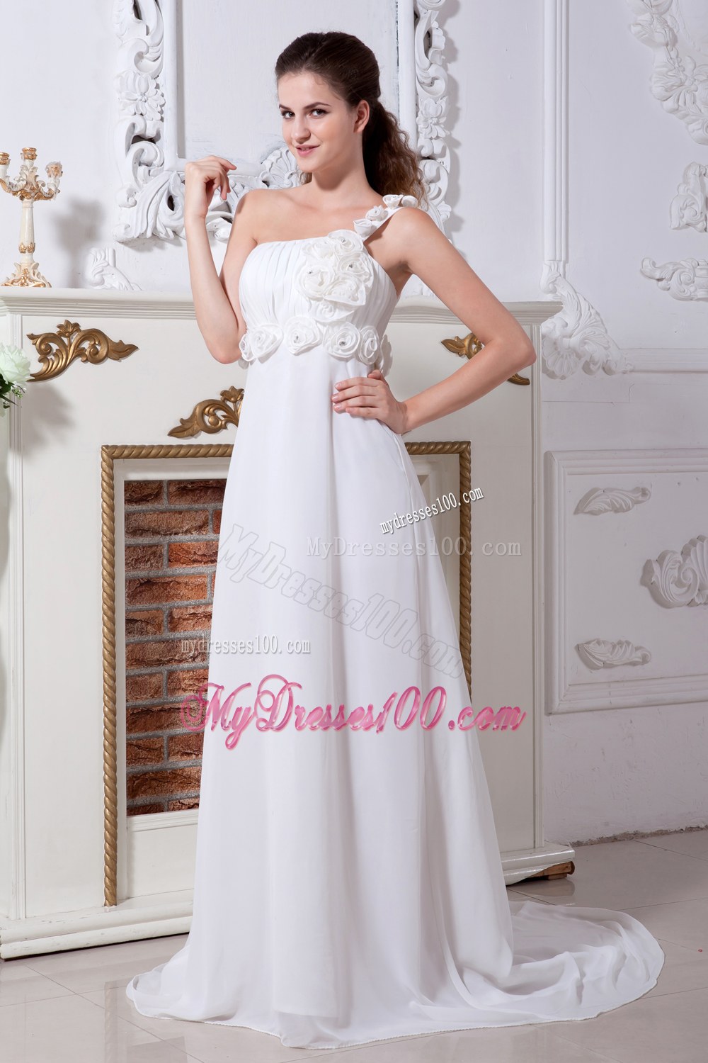 Beautiful Empire One Shoulder Court Train Flowers Wedding Dress
