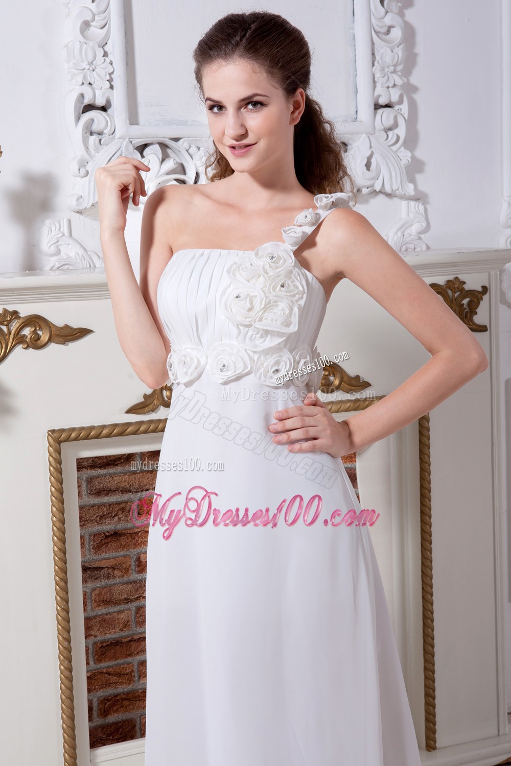 Beautiful Empire One Shoulder Court Train Flowers Wedding Dress