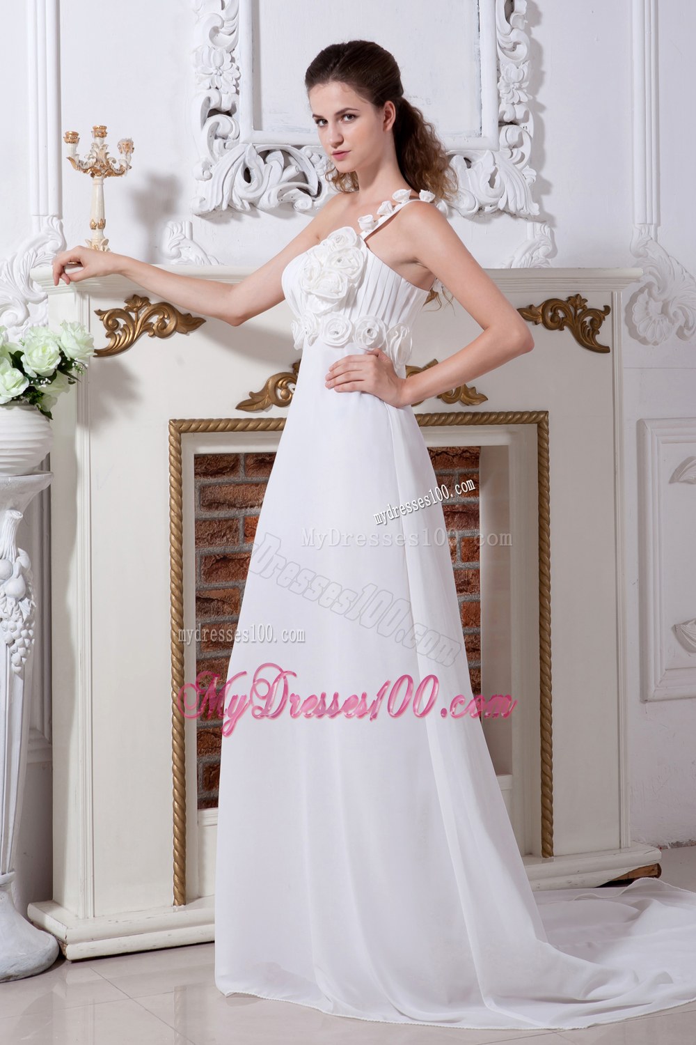 Beautiful Empire One Shoulder Court Train Flowers Wedding Dress