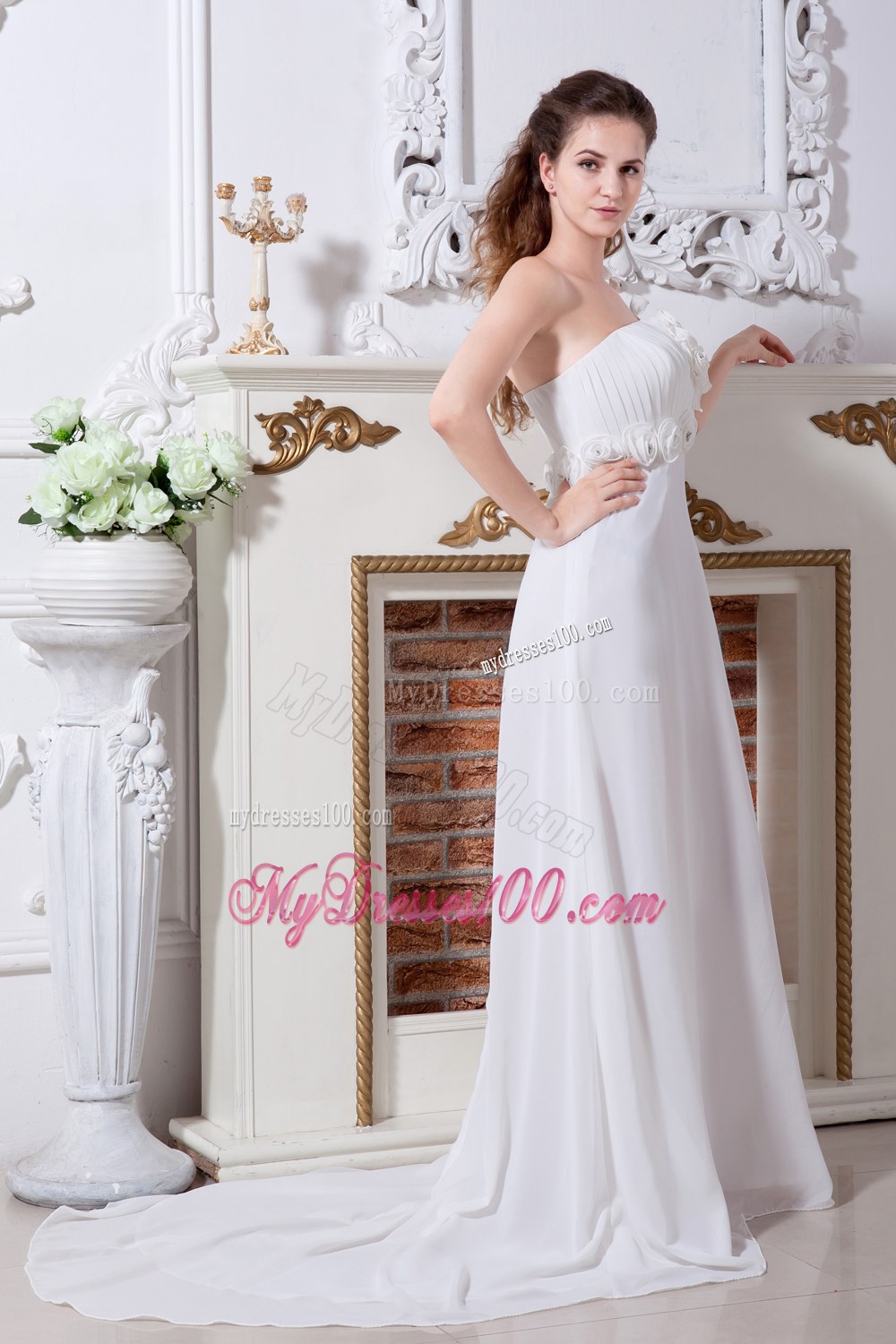 Beautiful Empire One Shoulder Court Train Flowers Wedding Dress