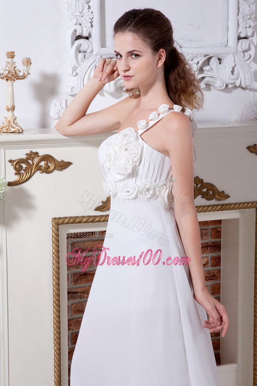 Beautiful Empire One Shoulder Court Train Flowers Wedding Dress