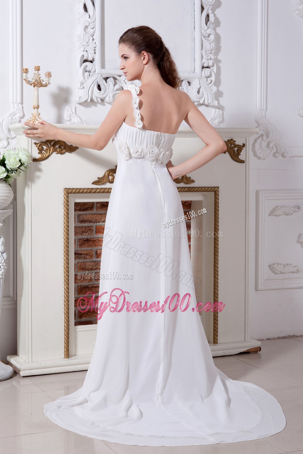 Beautiful Empire One Shoulder Court Train Flowers Wedding Dress