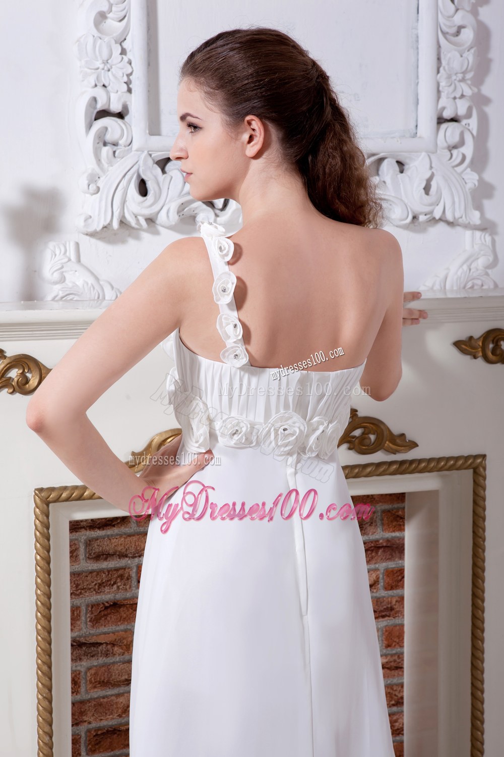 Beautiful Empire One Shoulder Court Train Flowers Wedding Dress