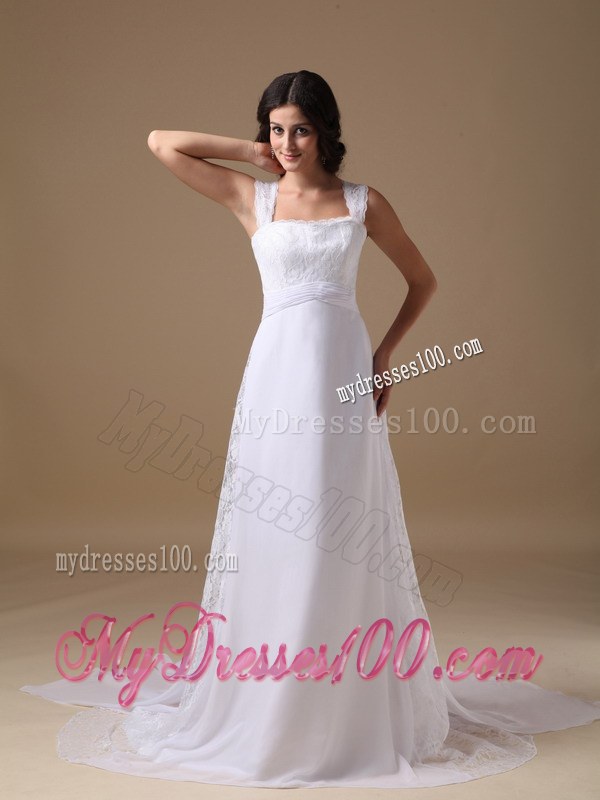 Beautiful Straps Court Train 2013 Lace Wedding Dress with Clasp Handle