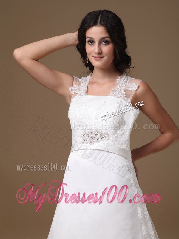 Beautiful Square Court Train Lace Wedding Gowns with Beading