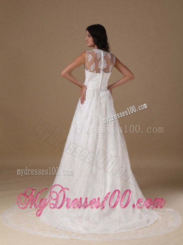 Beautiful Square Court Train Lace Wedding Gowns with Beading