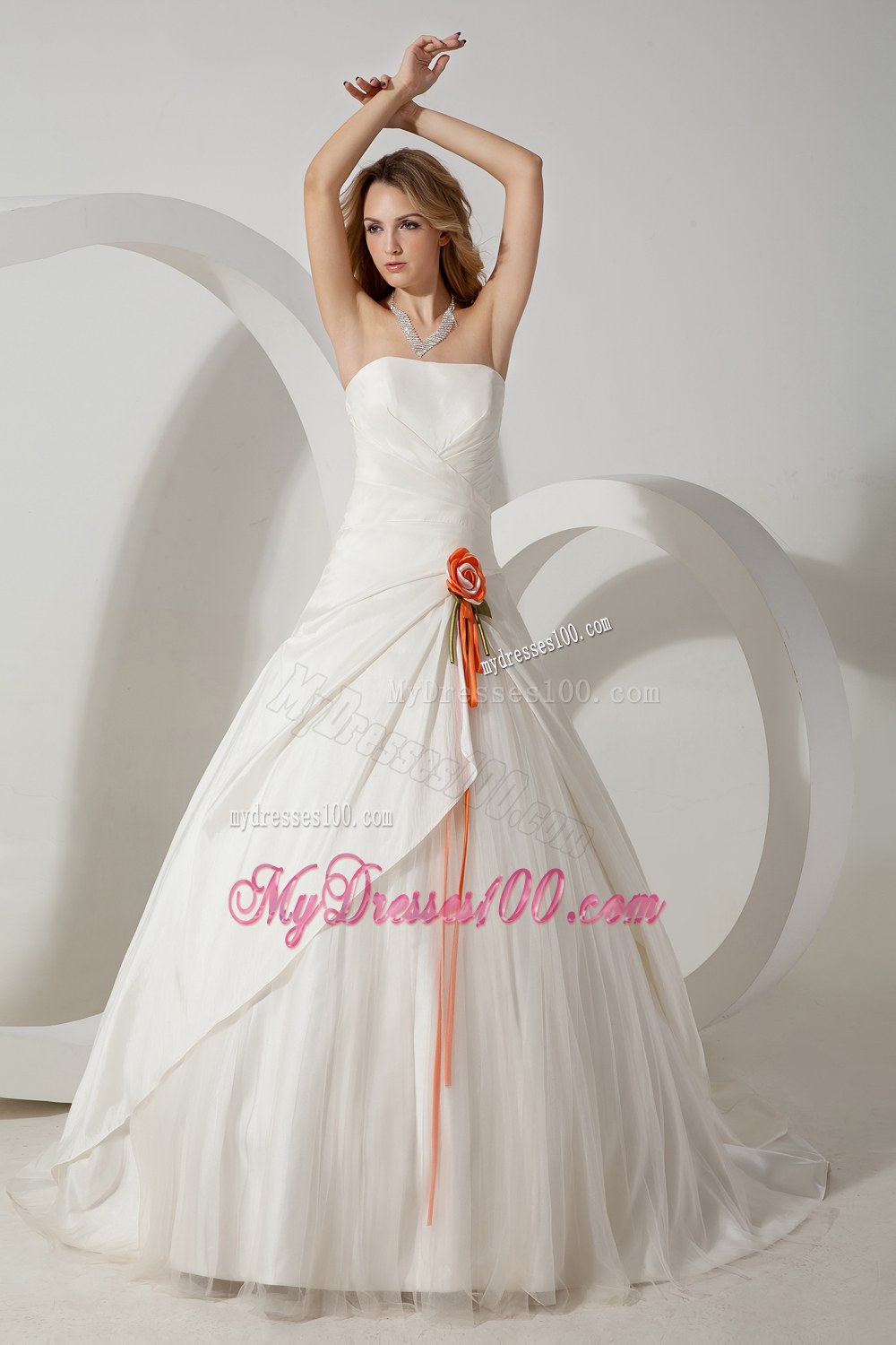 Beautiful Strapless Brush Train Hand Made Flower Wedding Gowns