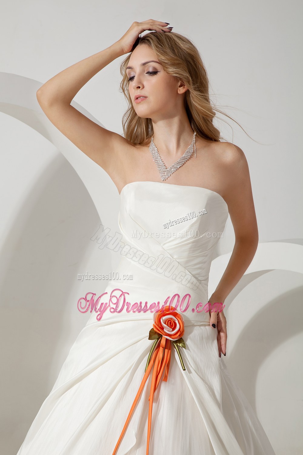 Beautiful Strapless Brush Train Hand Made Flower Wedding Gowns